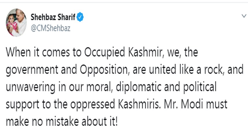 Read more about the article Shehbaz Sharif says Govt. and Opposition united on Kashmir Issue
