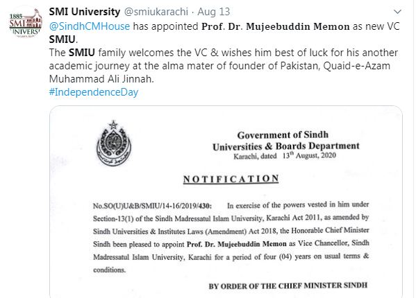 Read more about the article Prof. Dr. Mujeeb ud Din Memon appointed new VC of SMIU