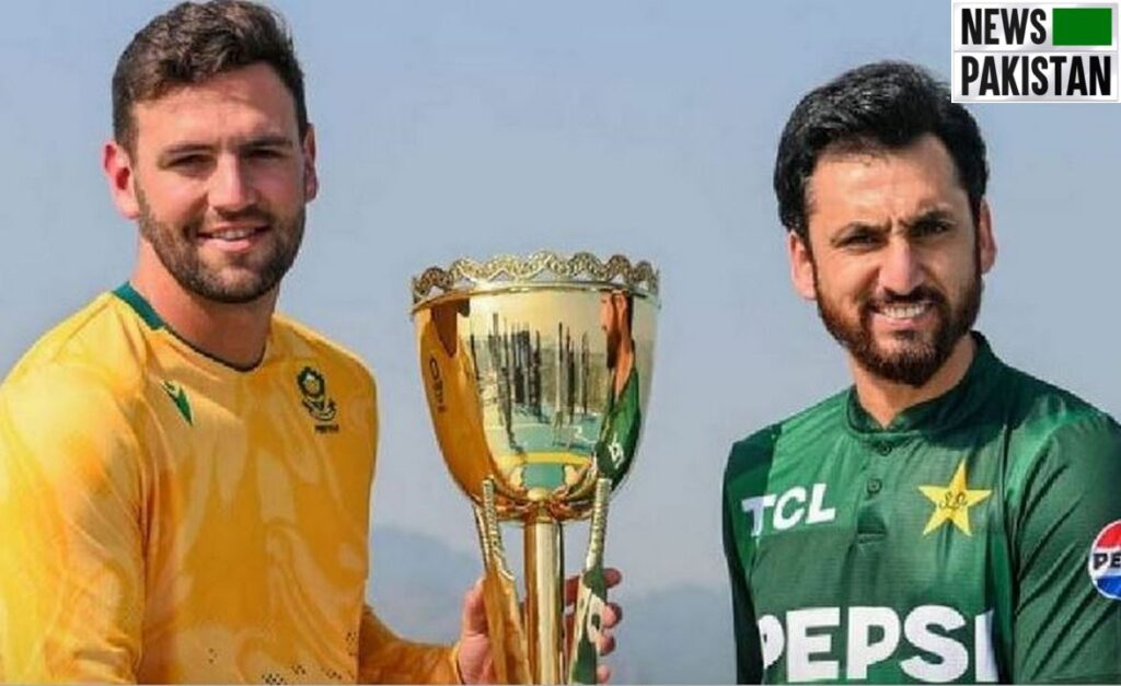 Captains of Pakistani and SA cricket teams with trophy